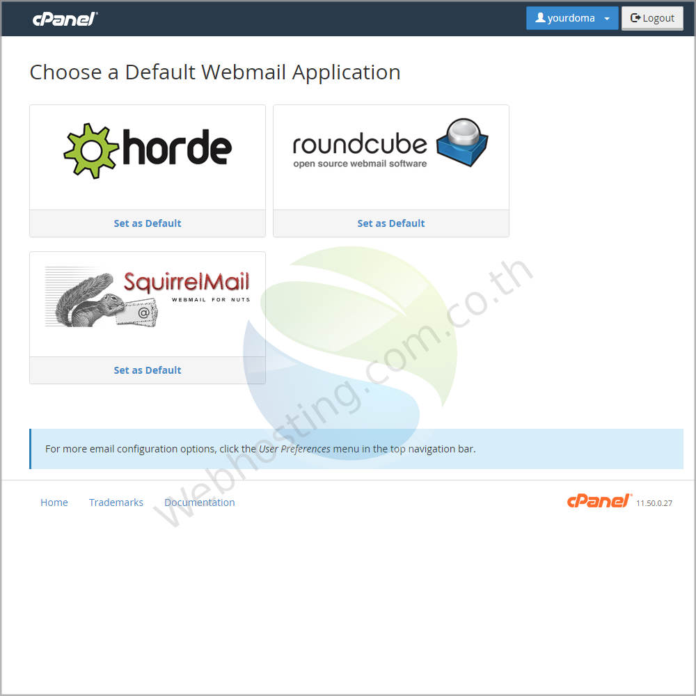 web hosting thai cpanel screen - ระบบจัดการเว็บโฮสติ้งด้วย Cpanel-หน้าจอเข้าสูเว็บเมล์ (Web mail) ประกอบด้วย เว็บเมล์ดังนี้ค่ะ HORDE, RoundCube, SquirrelMail