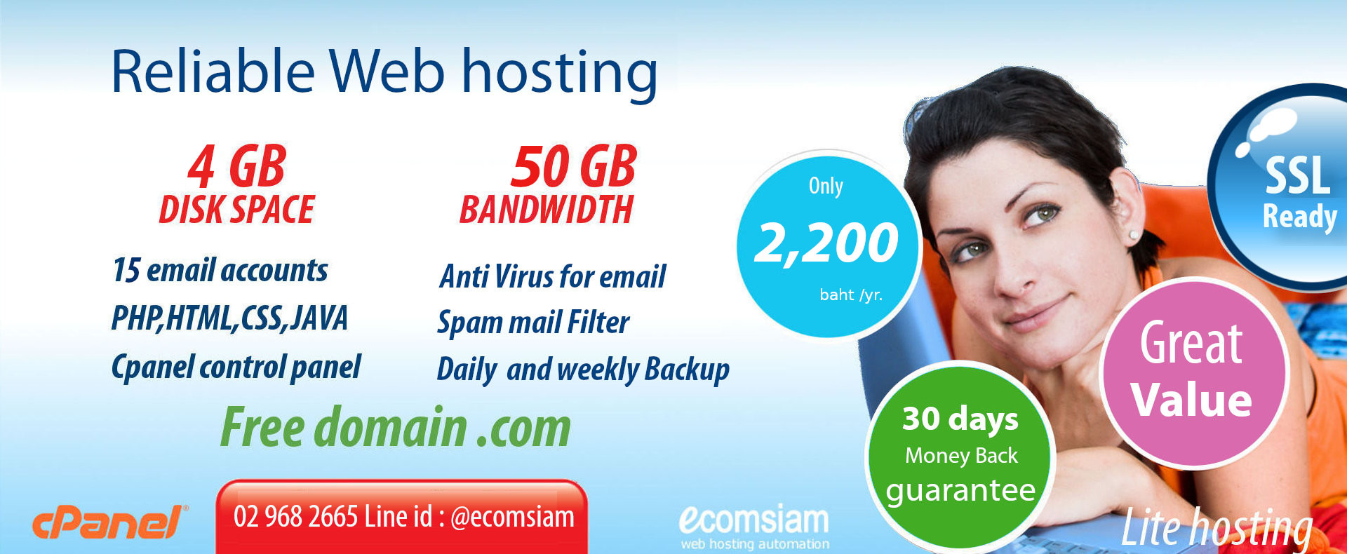 web hosting thailand free domain-liteplan-only 2200 baht/year Free domain and SSL ready - build your website and email using - Great customer care and support 