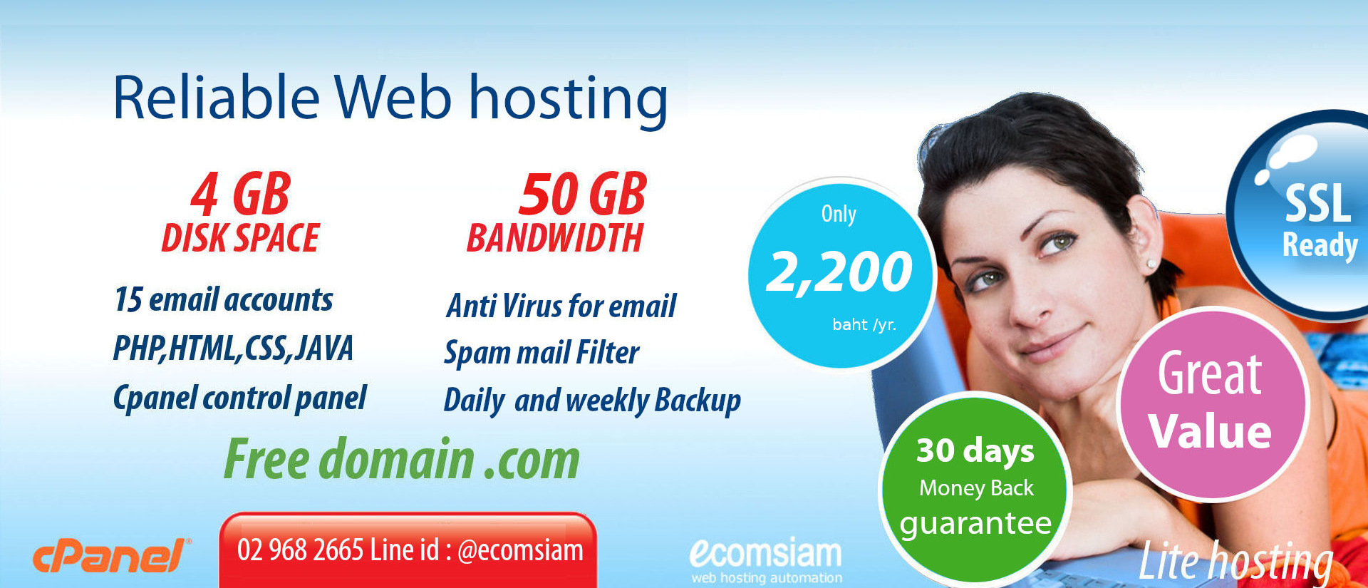 web hosting ไทย เริ่มต้นเพียง 1,600 บ./ปี ฟรีโดเมน .com ตลอดการใช้งาน  แนะนำ web hosting ไทย พื้นที่มาก ราคาไม่แพง ปลอดภัย ฟรีโดเมน ฟรี SSL พร้อม Daily/week backup ป้องกันไวรัสจากอีเมล์ กรองสแปมเมล์ และอื่นๆอีกมากมาย